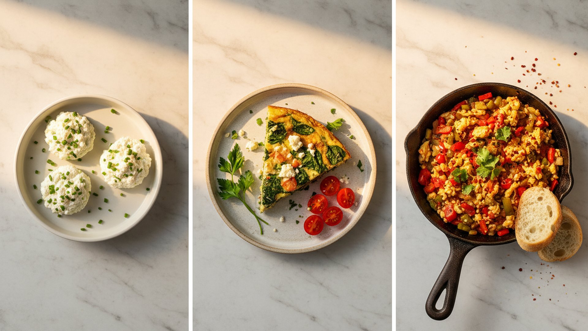 Three egg dishes showing the efficiency progression: egg white cottage cheese bites (19.6), spinach feta frittata (14.0), and Turkish menemen (6.6)