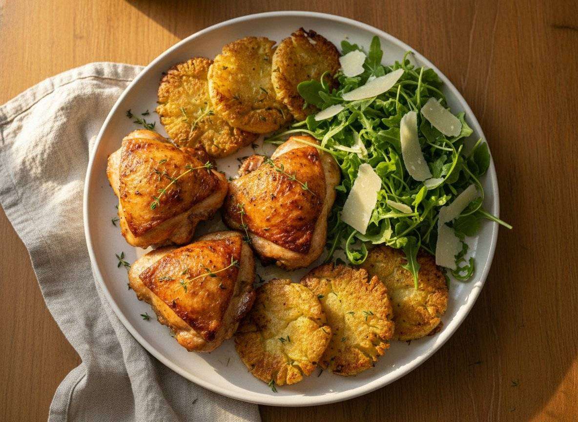 Cold-Pan Crispy Chicken Thighs with Smashed Potatoes and 46g Protein