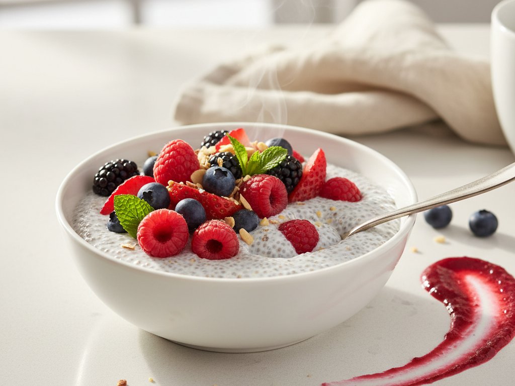 High-Protein Vanilla Chia Pudding with Mixed Berries