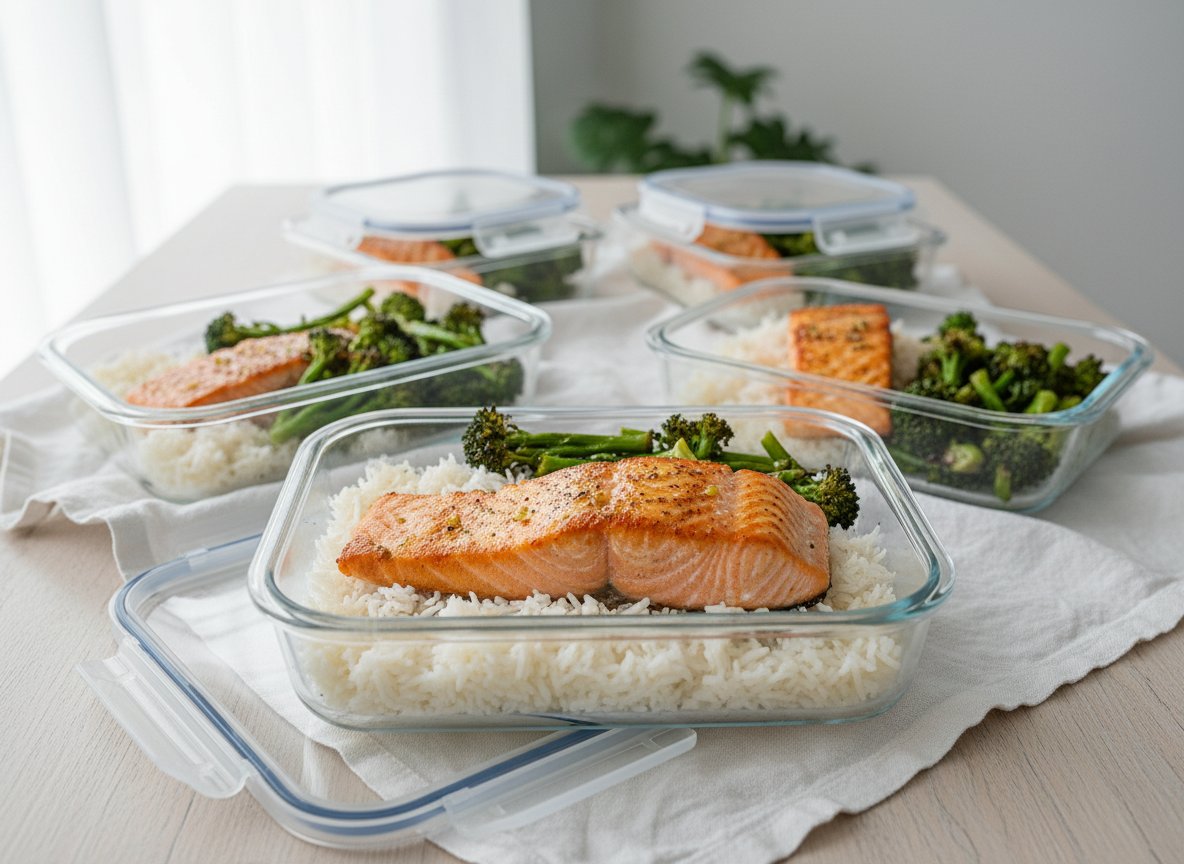 Salmon Rice and Broccoli Meal Prep  -  43g Protein per Bowl