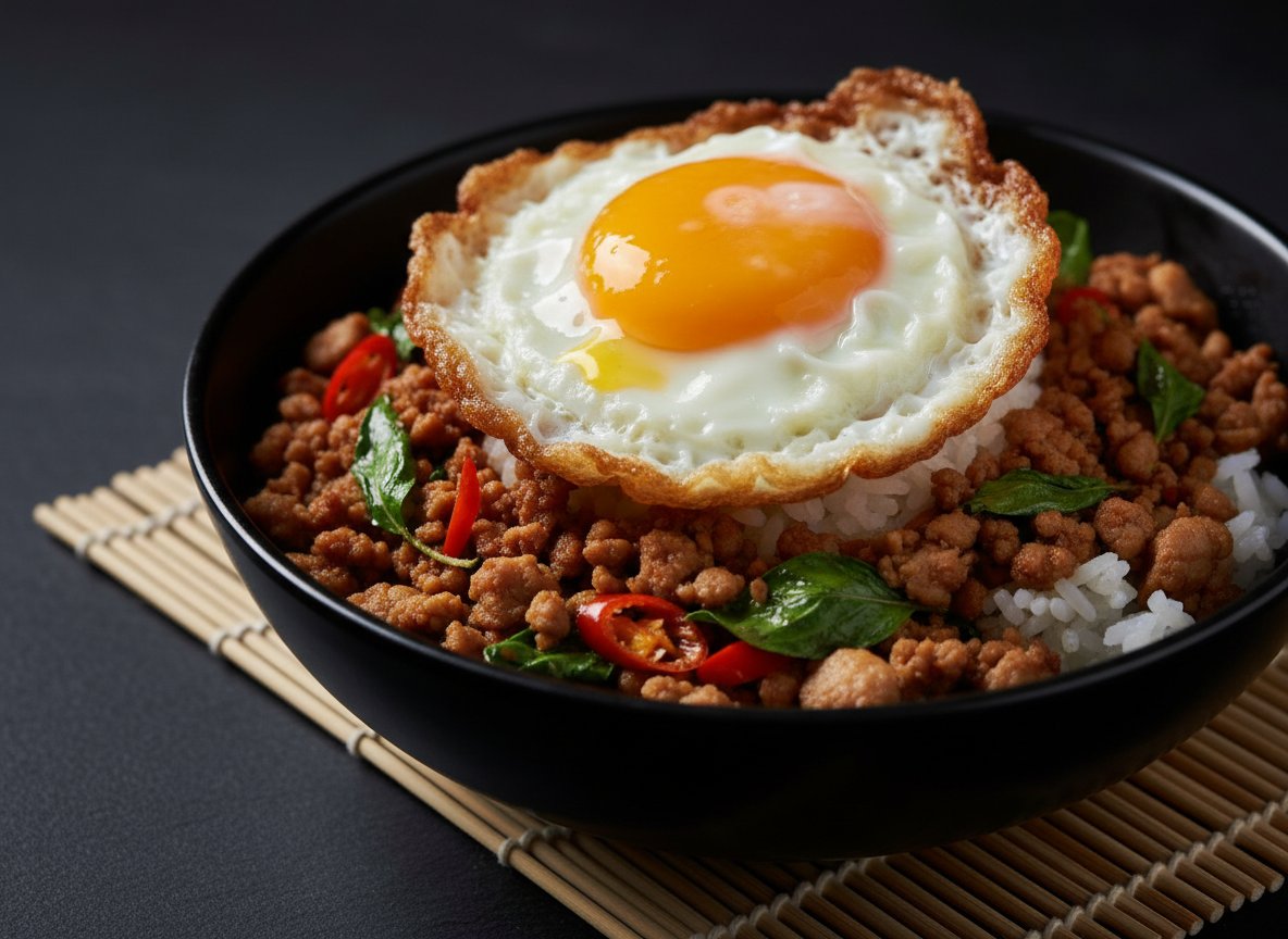 Thai Basil Chicken (Pad Krapow Gai) with 51g Protein and Fried Egg